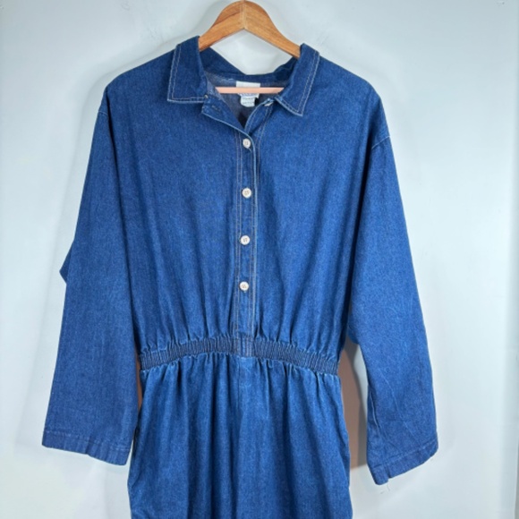 VTG 70s Denim Wide Leg Jumpsuit L Boonies Long Sleeve Button Front Pockets Retro - Picture 2 of 14